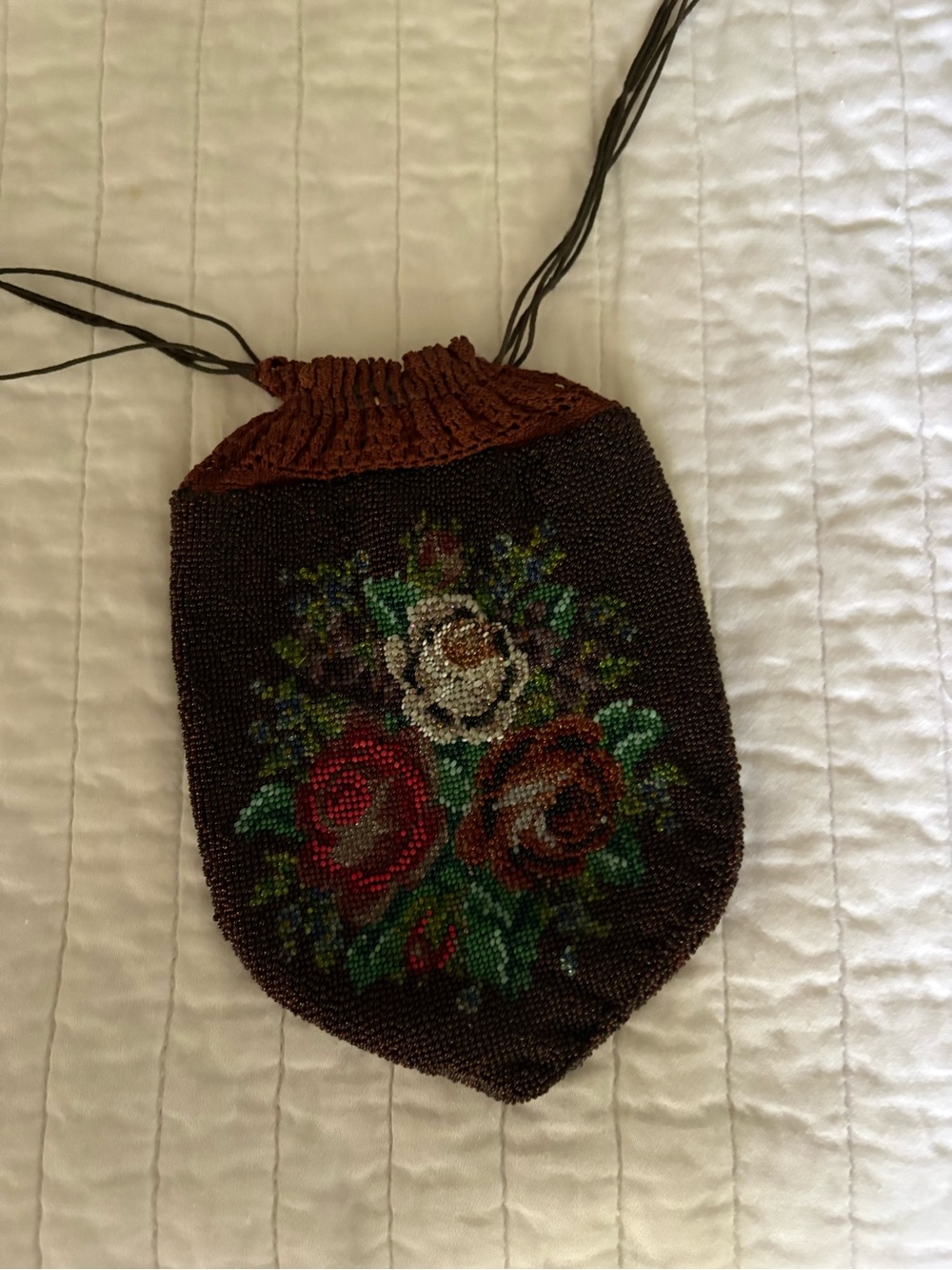 Beaded Floral Drawstring Mini Bag in Brown Antique